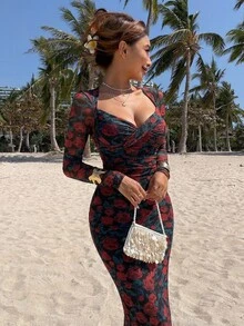 DAZY Elegant Dark Red Floral All-Over Print Spring And Summer Midi Dress,Sheer Long Sleeve Slim Fit Fishtail Hem,For Tea Party,Wedding,Formal Occasion - Red - View 8