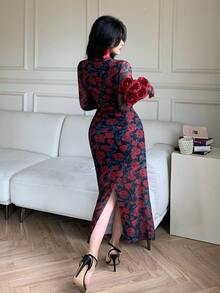 DAZY Elegant Dark Red Floral All-Over Print Spring And Summer Midi Dress,Sheer Long Sleeve Slim Fit Fishtail Hem,For Tea Party,Wedding,Formal Occasion - Red - View 3
