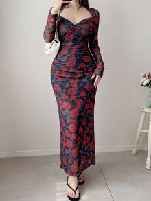 DAZY Elegant Dark Red Floral All-Over Print Spring And Summer Midi Dress,Sheer Long Sleeve Slim Fit Fishtail Hem,For Tea Party,Wedding,Formal Occasion - Red - View 11