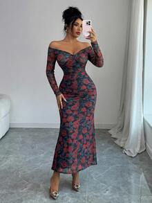 DAZY Elegant Dark Red Floral All-Over Print Spring And Summer Midi Dress,Sheer Long Sleeve Slim Fit Fishtail Hem,For Tea Party,Wedding,Formal Occasion - Red - View 7