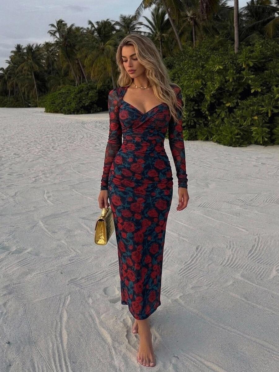 DAZY Elegant Dark Red Floral All-Over Print Spring And Summer Midi Dress,Sheer Long Sleeve Slim Fit Fishtail Hem,For Tea Party,Wedding,Formal Occasion - Red - View 1