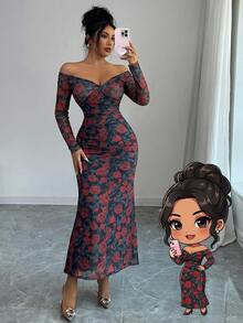 DAZY Elegant Dark Red Floral All-Over Print Spring And Summer Midi Dress,Sheer Long Sleeve Slim Fit Fishtail Hem,For Tea Party,Wedding,Formal Occasion - Red - View 6