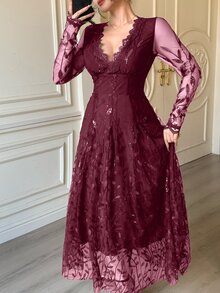 DAZY Spring & Summer Sparkling Rhinestone Elegant Lace Midi Dress, Fitted Waist, Suitable For Valentine's Day, Wedding, Party, Formal Occasion, Black - Burgundy - View 4