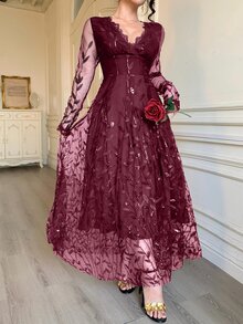DAZY Spring & Summer Sparkling Rhinestone Elegant Lace Midi Dress, Fitted Waist, Suitable For Valentine's Day, Wedding, Party, Formal Occasion, Black - Burgundy - View 5
