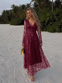 DAZY Spring & Summer Sparkling Rhinestone Elegant Lace Midi Dress, Fitted Waist, Suitable For Valentine's Day, Wedding, Party, Formal Occasion, Black - Burgundy - View 7