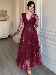 DAZY Spring & Summer Sparkling Rhinestone Elegant Lace Midi Dress, Fitted Waist, Suitable For Valentine's Day, Wedding, Party, Formal Occasion, Black - Burgundy - View 3