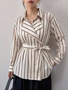 DAZY Casual Loose 2 In 1 Striped Women's Shirt Graphic Tee - Light Yellow - View 6