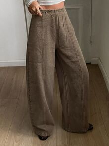 DAZY Women's Regular Waist Vertical Line Split Design Casual Barrel Leg Jeans - Brown - View 2