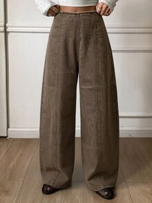 DAZY Women's Regular Waist Vertical Line Split Design Casual Barrel Leg Jeans - Brown - View 4