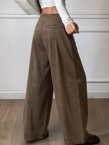 DAZY Women's Regular Waist Vertical Line Split Design Casual Barrel Leg Jeans - Brown - View 5