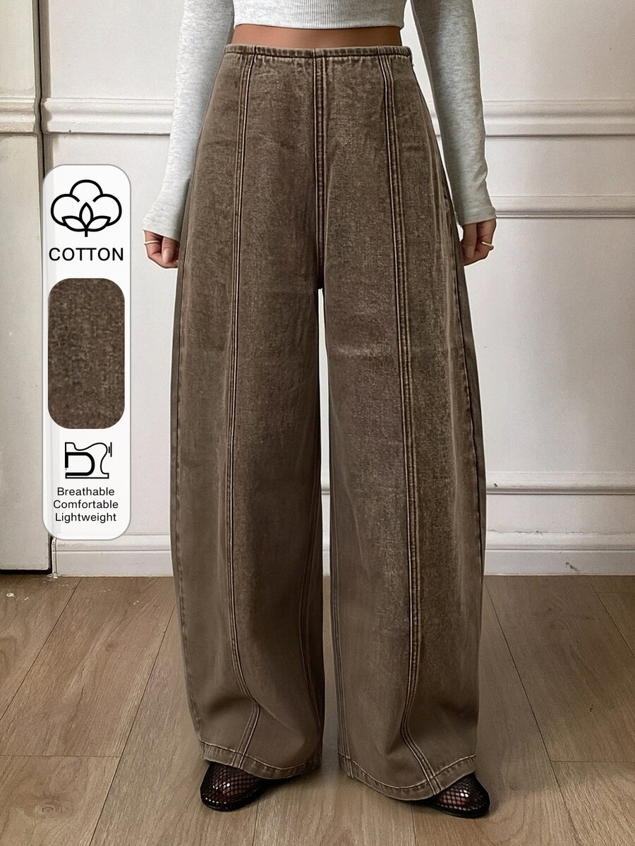 DAZY Women's Regular Waist Vertical Line Split Design Casual Barrel Leg Jeans - Brown - View 1