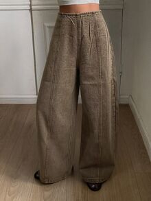 DAZY Women's Regular Waist Vertical Line Split Design Casual Barrel Leg Jeans - Brown - View 3