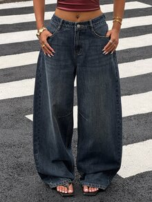Livesso Cotton Balloon Jeans, Loose Street-Style Washed White Wide-Leg Women Jeans - Blue - View 7