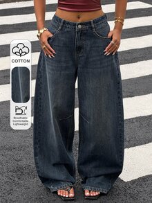 Livesso Cotton Balloon Jeans, Loose Street-Style Washed White Wide-Leg Women Jeans - Blue - View 1