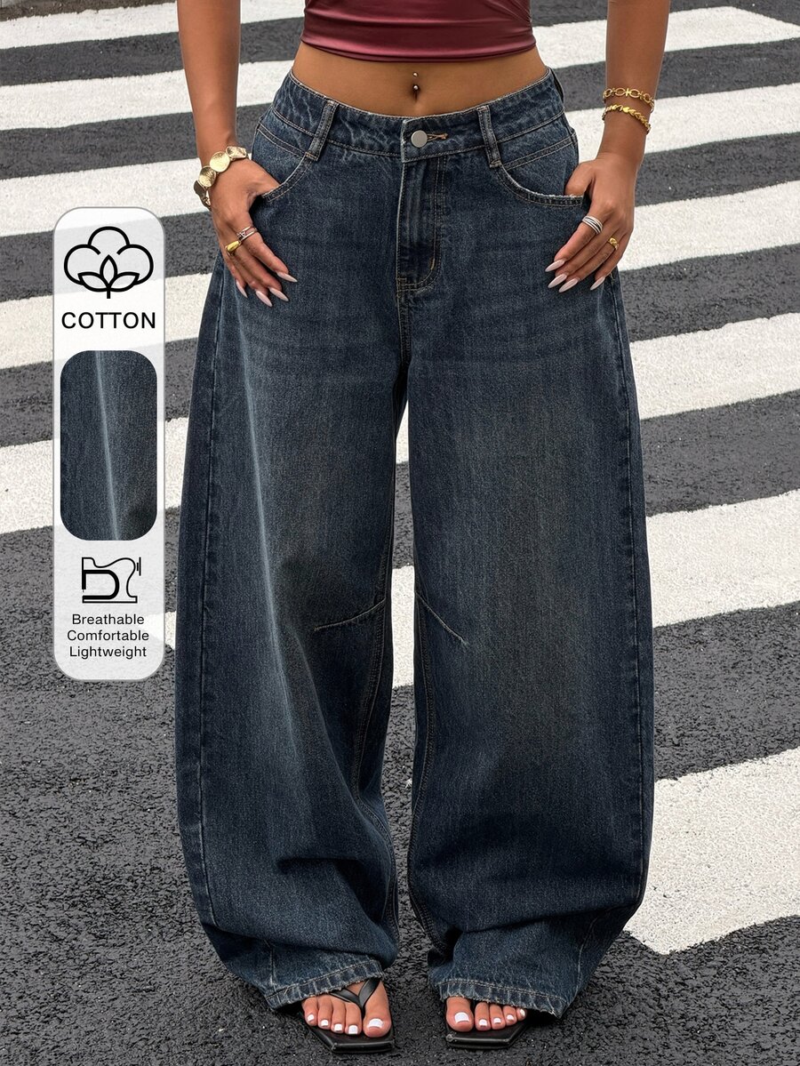 Livesso Cotton Balloon Jeans, Loose Street-Style Washed White Wide-Leg Women Jeans - Blue - View 1
