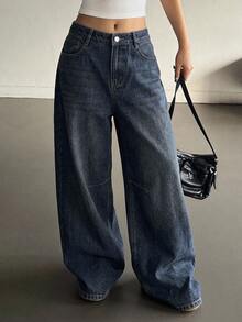 Livesso Cotton Balloon Jeans, Loose Street-Style Washed White Wide-Leg Women Jeans - Blue - View 9