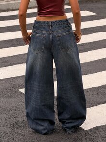 Livesso Cotton Balloon Jeans, Loose Street-Style Washed White Wide-Leg Women Jeans - Blue - View 2