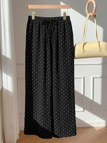 SHEIN EZwear 女款 100% 棉休閒 70 年代波點印花抽繩腰寬鬆寬腿褲 白色與黑色波點 秋季居家野餐 - 黑色 - 查看 5