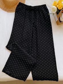 SHEIN EZwear 女款 100% 棉休閒 70 年代波點印花抽繩腰寬鬆寬腿褲 白色與黑色波點 秋季居家野餐 - 黑色 - 查看 9