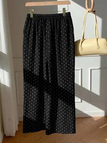 SHEIN EZwear 女款 100% 棉休閒 70 年代波點印花抽繩腰寬鬆寬腿褲 白色與黑色波點 秋季居家野餐 - 黑色 - 查看 3