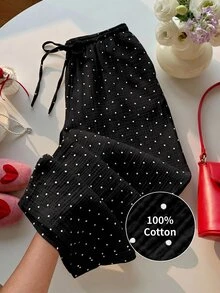 SHEIN EZwear 女款 100% 棉休閒 70 年代波點印花抽繩腰寬鬆寬腿褲 白色與黑色波點 秋季居家野餐 - 黑色 - 查看 2