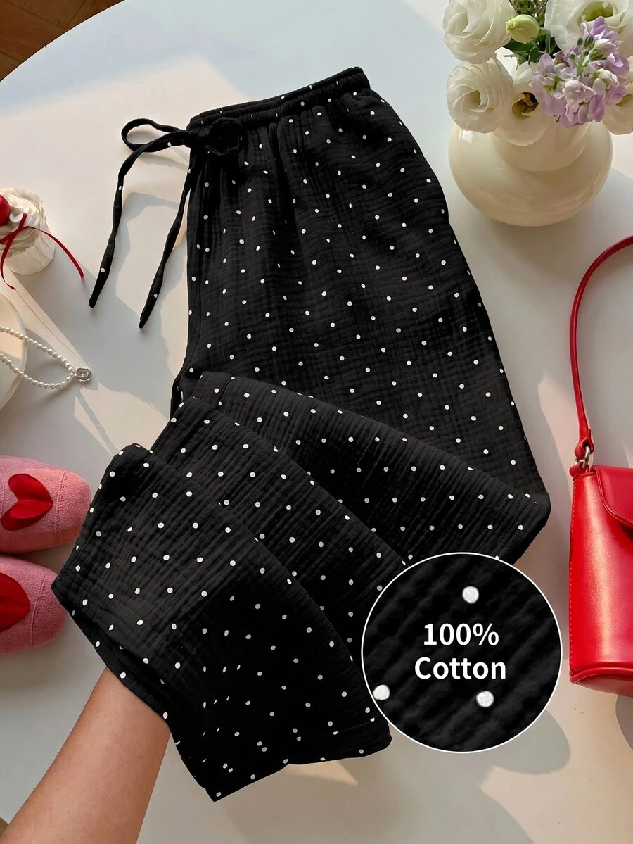SHEIN EZwear 女款 100% 棉休閒 70 年代波點印花抽繩腰寬鬆寬腿褲 白色與黑色波點 秋季居家野餐