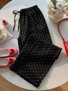 SHEIN EZwear 女款 100% 棉休閒 70 年代波點印花抽繩腰寬鬆寬腿褲 白色與黑色波點 秋季居家野餐 - 黑色 - 查看 6