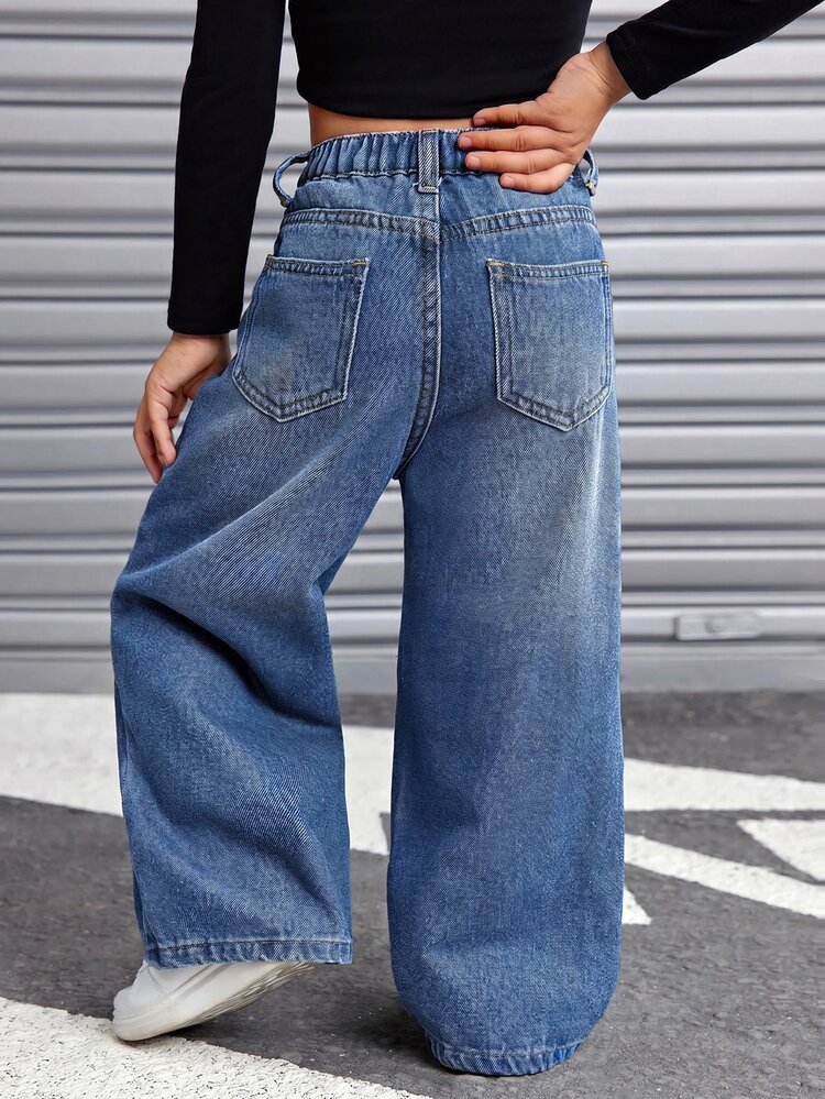 SHEIN Tween Girls' Blue Denim Fleece-Lined Loose- Pants With Waistband Halloween Winter Back To School Casual Y2k Winter Back To School - Blue - View 4