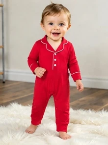 SHEIN Baby Boy Red Long Sleeve Romper, Notch Collar White Trim Front Button Snap Crotch Jumpsuit, Soft Holiday Outfit For Newborn Infant - Red - View 1