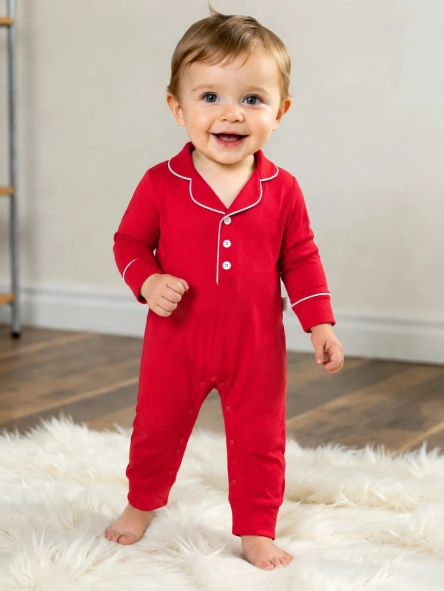 SHEIN Baby Boy Red Long Sleeve Romper, Notch Collar White Trim Front Button Snap Crotch Jumpsuit, Soft Holiday Outfit For Newborn Infant - Red - View 1