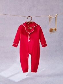 SHEIN Baby Boy Red Long Sleeve Romper, Notch Collar White Trim Front Button Snap Crotch Jumpsuit, Soft Holiday Outfit For Newborn Infant - Red - View 3