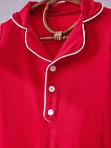 SHEIN Baby Boy Red Long Sleeve Romper, Notch Collar White Trim Front Button Snap Crotch Jumpsuit, Soft Holiday Outfit For Newborn Infant - Red - View 4