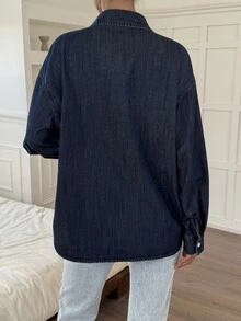 DAZY Women's Turndown Collar Contrast Color Horse Embroidery Casual Denim Top - Dark Wash - View 4
