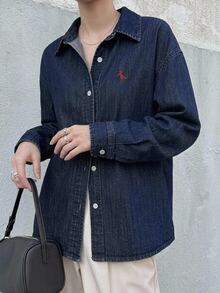 DAZY Women's Turndown Collar Contrast Color Horse Embroidery Casual Denim Top - Dark Wash - View 10