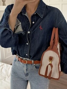 DAZY Women's Turndown Collar Contrast Color Horse Embroidery Casual Denim Top - Dark Wash - View 7