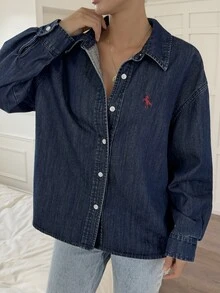 DAZY Women's Turndown Collar Contrast Color Horse Embroidery Casual Denim Top - Dark Wash - View 5