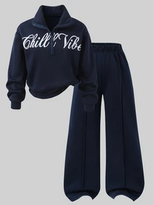 SHEIN 女童休閒兩件套，字母印花立領運動衫與長褲，適合日常穿著、上學、通勤、外出、散步與購物 - 藏蓝色 - 查看 7