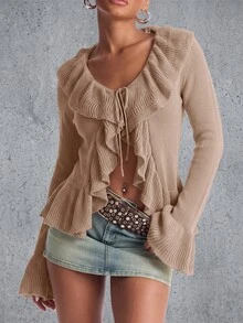 SHEIN Women Casual Daily Country Romantic Cardigans Ruffle Detail Brunch Brown Beige Autumn Fall Elegant Chic Going Out Vacation - Apricot - View 5