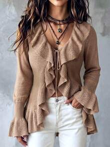 SHEIN Women Casual Daily Country Romantic Cardigans Ruffle Detail Brunch Brown Beige Autumn Fall Elegant Chic Going Out Vacation - Apricot - View 2