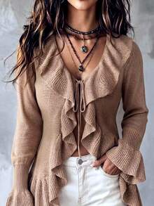 SHEIN Women Casual Daily Country Romantic Cardigans Ruffle Detail Brunch Brown Beige Autumn Fall Elegant Chic Going Out Vacation - Apricot - View 4