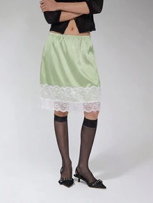 COUREZ Low Rise Satin Midi Skirt With Lace Hem / Y2K Autumn For Women Skirt Rave Club Night Out Green Skirt Cute For Women - Mint Green - View 5