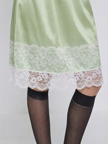 COUREZ Low Rise Satin Midi Skirt With Lace Hem / Y2K Autumn For Women Skirt Rave Club Night Out Green Skirt Cute For Women - Mint Green - View 2