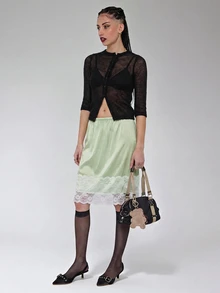 COUREZ Low Rise Satin Midi Skirt With Lace Hem / Y2K Autumn For Women Skirt Rave Club Night Out Green Skirt Cute For Women - Mint Green - View 1