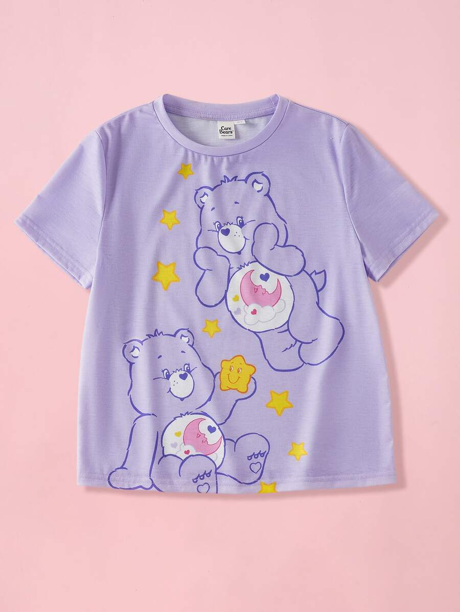 SHEIN X Care Bears 1pc Cute Round Neck Short Sleeve Top, Carebear Collaboration T-Shirt For Girls - Purple - View 1