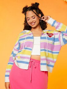 SHEIN X Care Bears كارديجان مخطط & نمط القلب منخفض الاكتاف رباط قبعة مقاس كبير - متعدد الألوان - مشاهدة 9