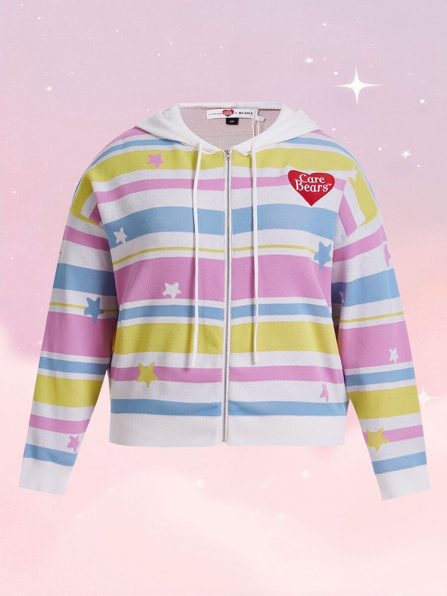 SHEIN X Care Bears كارديجان مخطط & نمط القلب منخفض الاكتاف رباط قبعة مقاس كبير - متعدد الألوان - مشاهدة 1