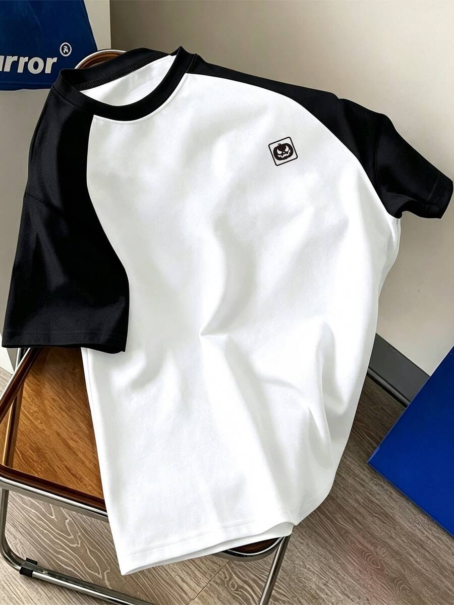 Daypath 男士美式復古插肩袖黑白拼色南瓜頭小刺繡休閒圓領T恤 - 彩色 - 查看 1