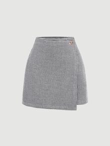 SHEIN MOD 大尺碼秋季休閒優雅千鳥格包臀裙 辦公商務 白色 - 黑與白 - 查看 3