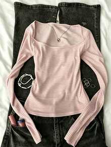 IslaSuriya 女款 Coquette 粉色條紋長袖上衣 Balletcore 方領分層 T-shirt 可愛 Y2K 風格修身彈性襯衫 - 彩色 - 查看 3