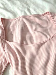 IslaSuriya 女款 Coquette 粉色條紋長袖上衣 Balletcore 方領分層 T-shirt 可愛 Y2K 風格修身彈性襯衫 - 彩色 - 查看 4